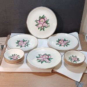 Vintage Paden City Pottery Dishes "Modern Orchid" Gold Trim Green Leaves.